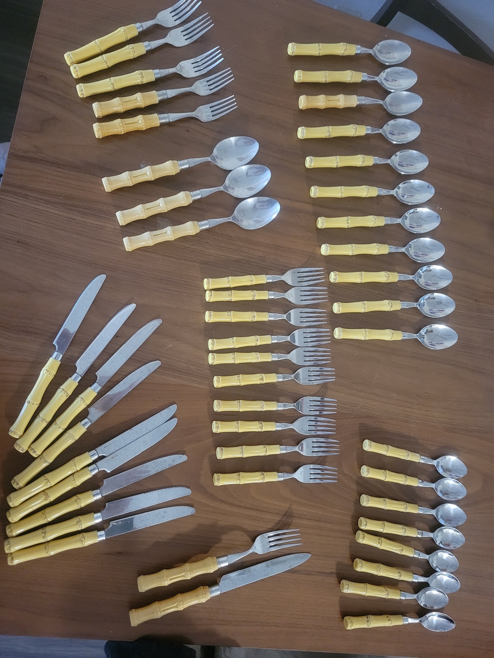 Vintage Bamboo Yellow Handle Stainless Steel Flatware Set - 48 Pieces